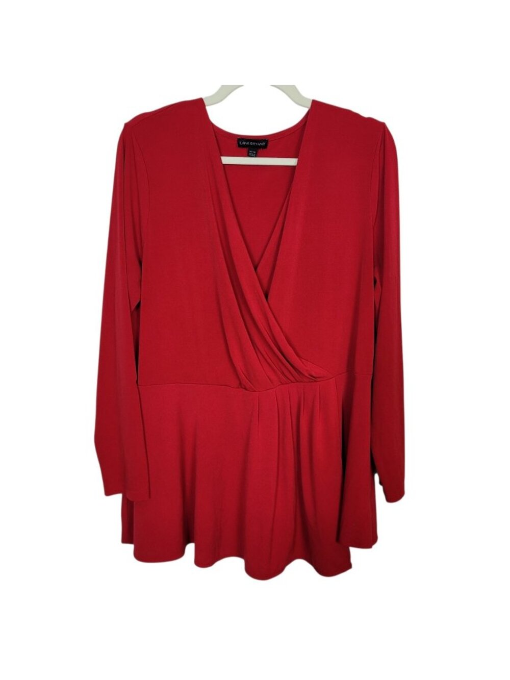 Lane Bryant Venetian Red Long Sleeve Blouse Surplice Pleated Peplum Hem 14/16